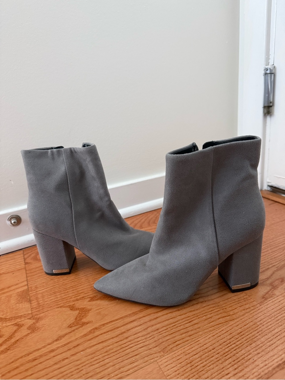 Calvin Klein Gray Pointed-Toe Block Heel Ankle Boots